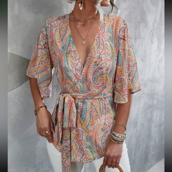 Orange Boho Paisley Print Long Sleeve Pleated Belted Mini Dress